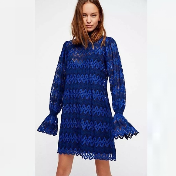 FP Free People Women’s Simone Lace Mini Dress in Blue / Black (XS) - Picture 1 of 10